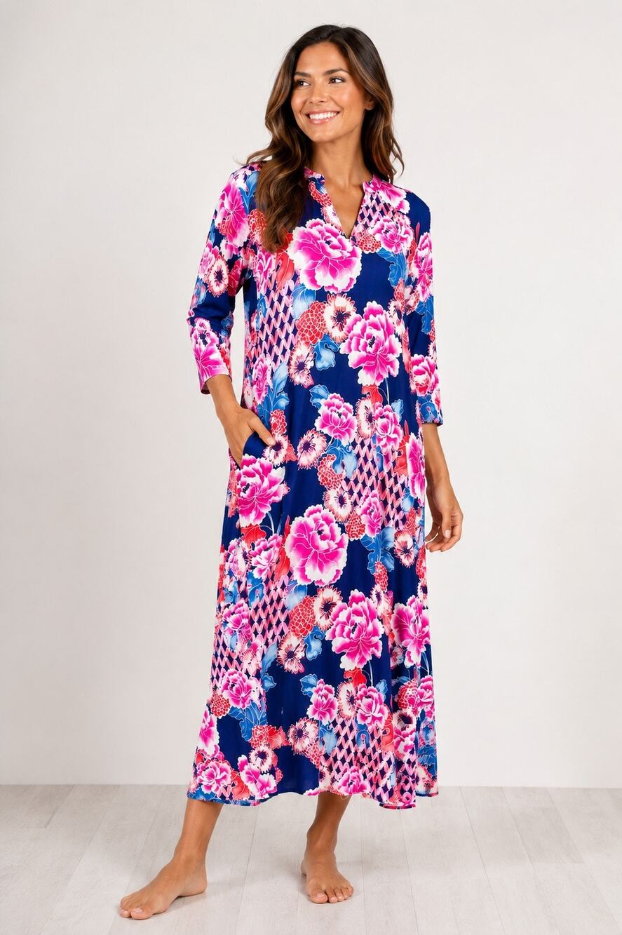 Natori Floral Caftan Maxi Loungewear Gown Rayon Navy Pink Women’s Large